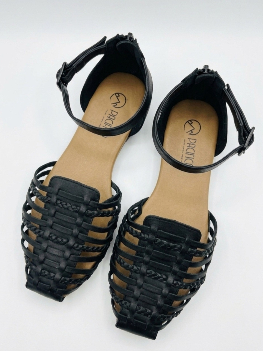 Pacifica Black Braided Ankle-Strap Flat Sandals